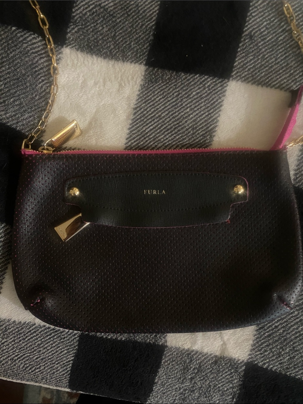 Furla Black Crossbody with Pink Trim and Gold Chain